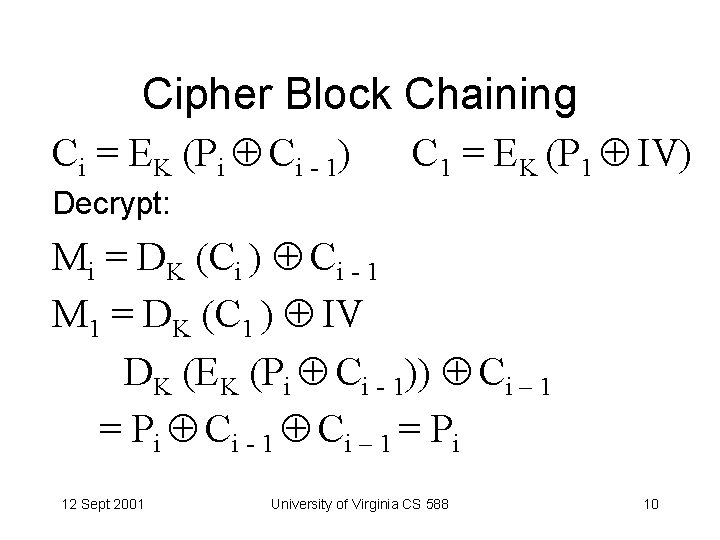 Cipher Block Chaining Ci = EK (Pi Ci - 1) C 1 = EK