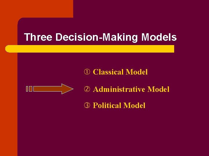 Three Decision-Making Models Classical Model Administrative Model Political Model 