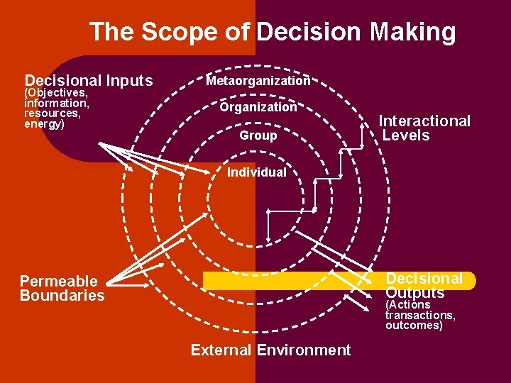 The Scope of Decision Making Decisional Inputs (Objectives, information, resources, energy) Metaorganization Organization Group