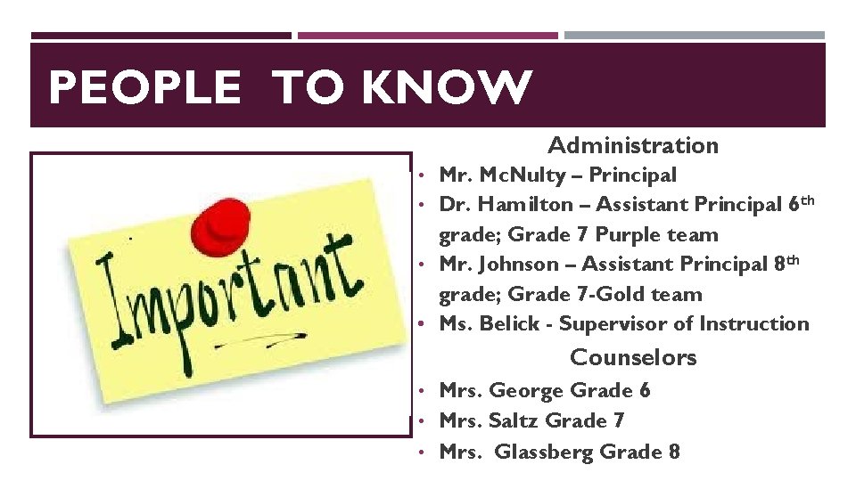 PEOPLE TO KNOW Administration • Mr. Mc. Nulty – Principal • Dr. Hamilton –