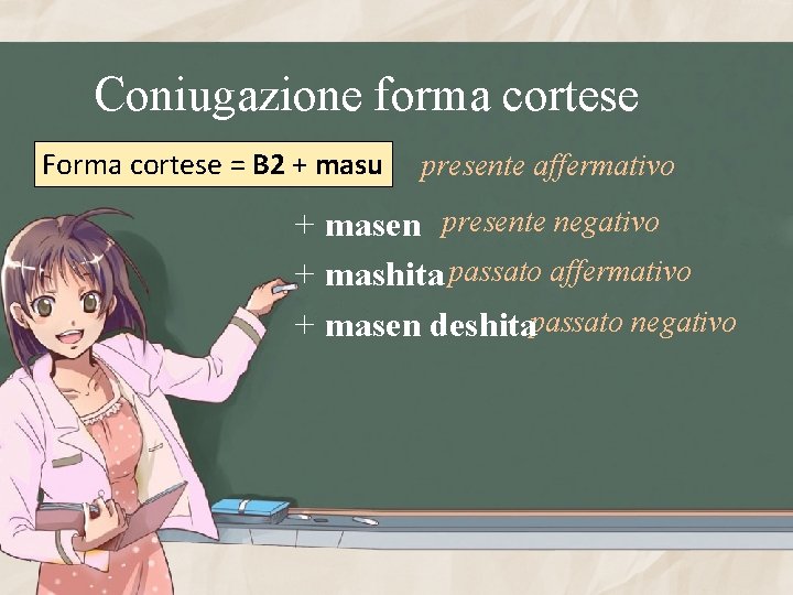 Coniugazione forma cortese Forma cortese = B 2 + masu presente affermativo + masen