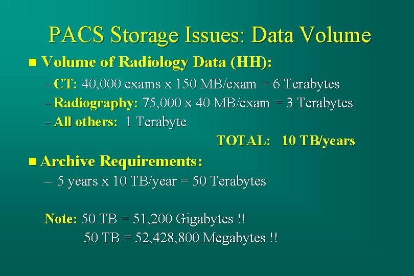 PACS Storage Issues: Data Volume n Volume of Radiology Data (HH): – CT: 40,