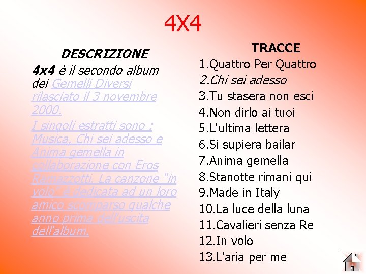 4 X 4 DESCRIZIONE 4 x 4 è il secondo album dei Gemelli Diversi 4 X 4 DESCRIZIONE 4 x 4 è il secondo album dei Gemelli Diversi