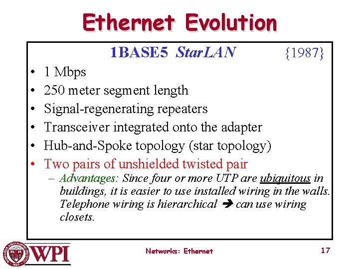 Ethernet Evolution 1 BASE 5 Star. LAN • • • {1987} 1 Mbps 250