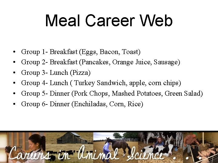 Meal Career Web • • • Group 1 - Breakfast (Eggs, Bacon, Toast) Group
