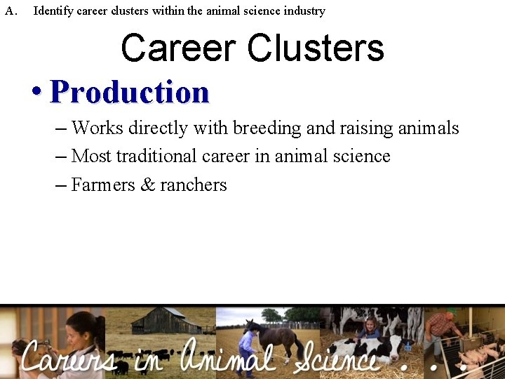 A. Identify career clusters within the animal science industry Career Clusters • Production –