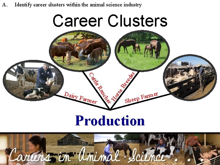 Identify career clusters within the animal science industry he r er nc Farm rse