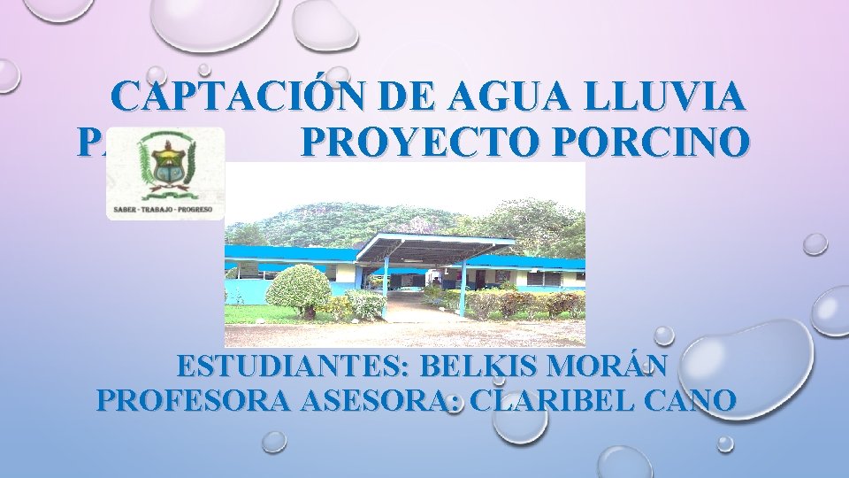 CAPTACIÓN DE AGUA LLUVIA PARA PROYECTO PORCINO ESTUDIANTES: BELKIS MORÁN PROFESORA ASESORA: CLARIBEL CANO