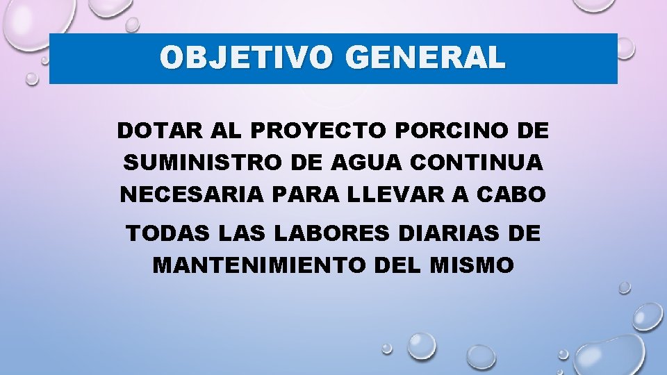 OBJETIVO GENERAL DOTAR AL PROYECTO PORCINO DE SUMINISTRO DE AGUA CONTINUA NECESARIA PARA LLEVAR