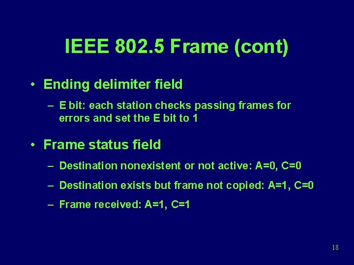 IEEE 802. 5 Frame (cont) • Ending delimiter field – E bit: each station