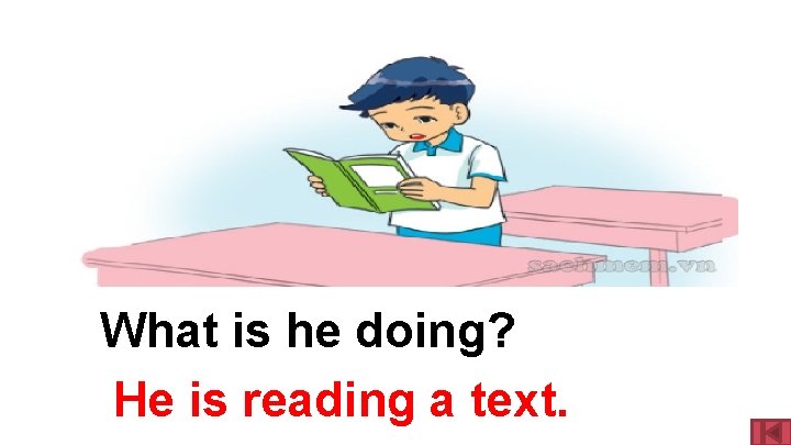 What is he doing? He is reading a text. 