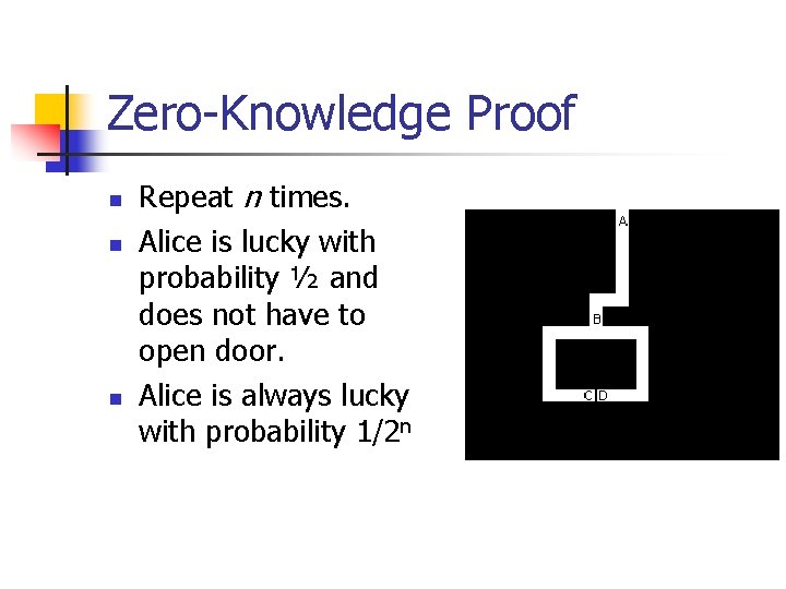 Zero-Knowledge Proof n n n Repeat n times. Alice is lucky with probability ½