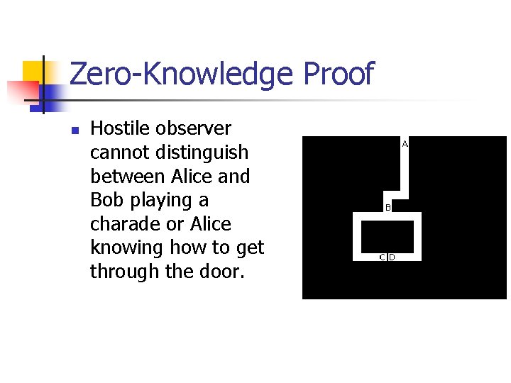 Zero-Knowledge Proof n Hostile observer cannot distinguish between Alice and Bob playing a charade