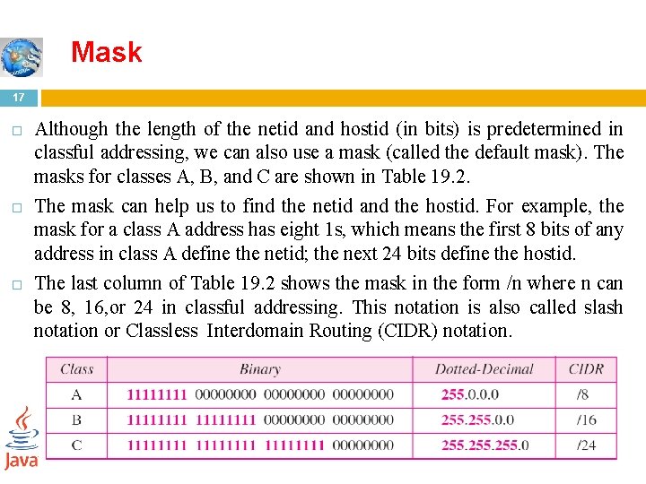 Mask 17 Although the length of the netid and hostid (in bits) is predetermined