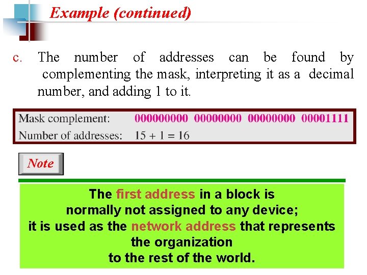 Example (continued) c. The number of addresses can be found by complementing the mask,