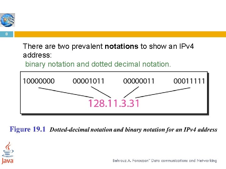 8 There are two prevalent notations to show an IPv 4 address: binary notation