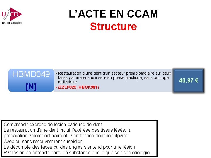 L’ACTE EN CCAM Structure HBMD 049 [N] • Restauration d’une dent d’un secteur prémolomolaire