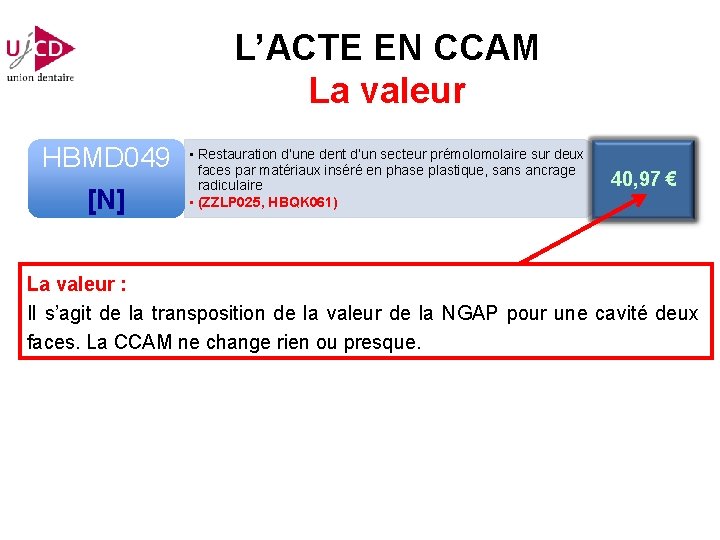 L’ACTE EN CCAM La valeur HBMD 049 [N] • Restauration d’une dent d’un secteur