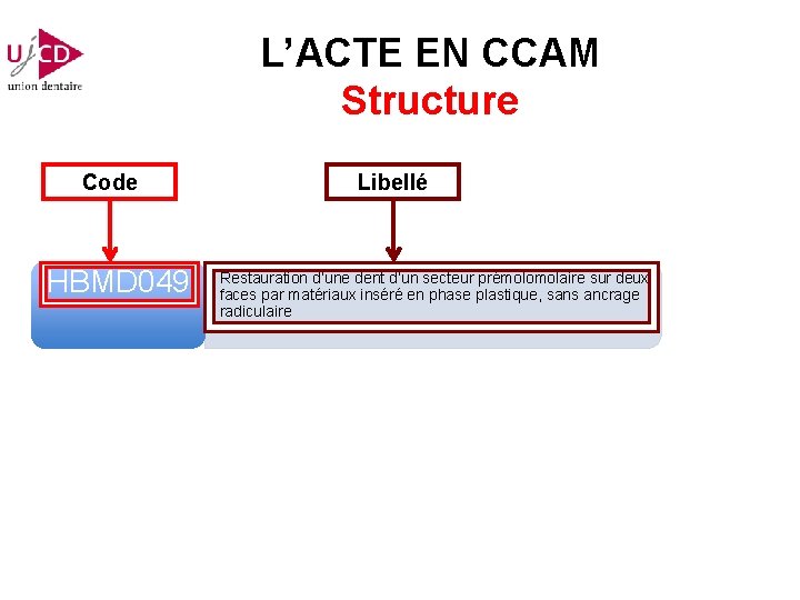 L’ACTE EN CCAM Structure Code HBMD 049 Libellé • Restauration d’une dent d’un secteur