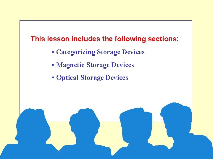 This lesson includes the following sections: • Categorizing Storage Devices • Magnetic Storage Devices