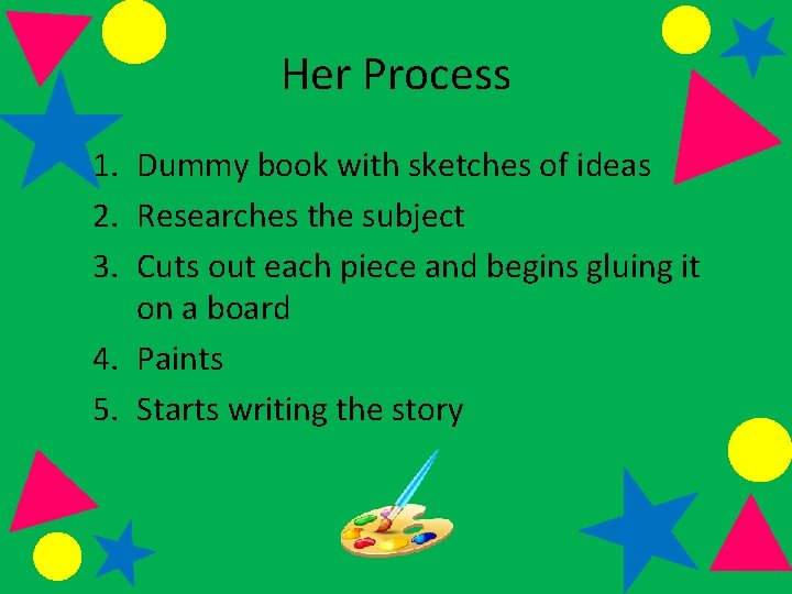 Her Process 1. Dummy book with sketches of ideas 2. Researches the subject 3.