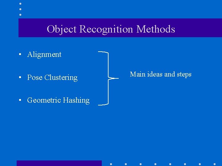 Object Recognition Methods • Alignment • Pose Clustering • Geometric Hashing Main ideas and