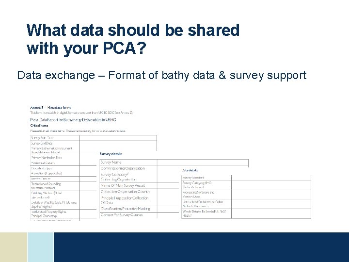 What data should be shared with your PCA? Data exchange – Format of bathy What data should be shared with your PCA? Data exchange – Format of bathy