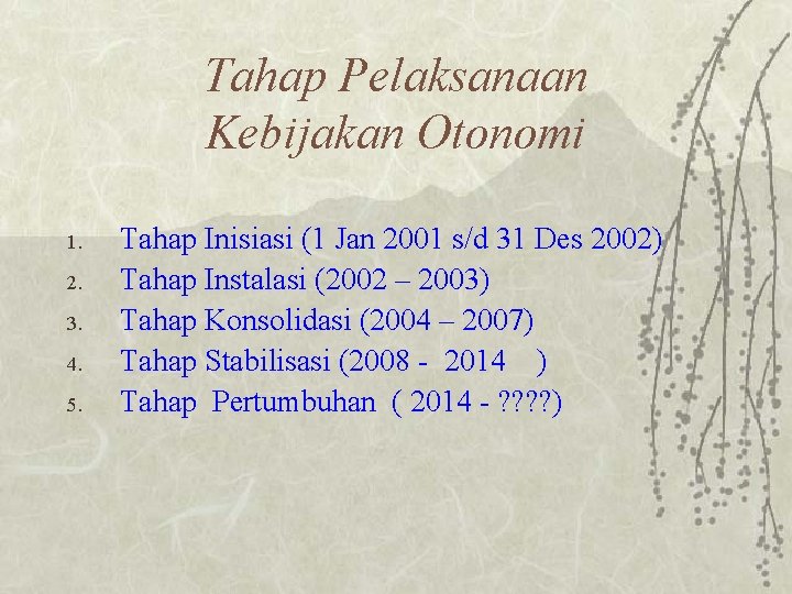 Tahap Pelaksanaan Kebijakan Otonomi 1. 2. 3. 4. 5. Tahap Inisiasi (1 Jan 2001