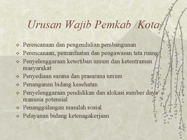 Urusan Wajib Pemkab /Kota v v v v Perencanaan dan pengendalian pembangunan Perencanaan, pemanfaatan