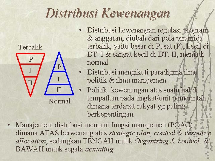 Distribusi Kewenangan • Distribusi kewenangan regulasi program & anggaran, diubah dari pola piramida terbalik,