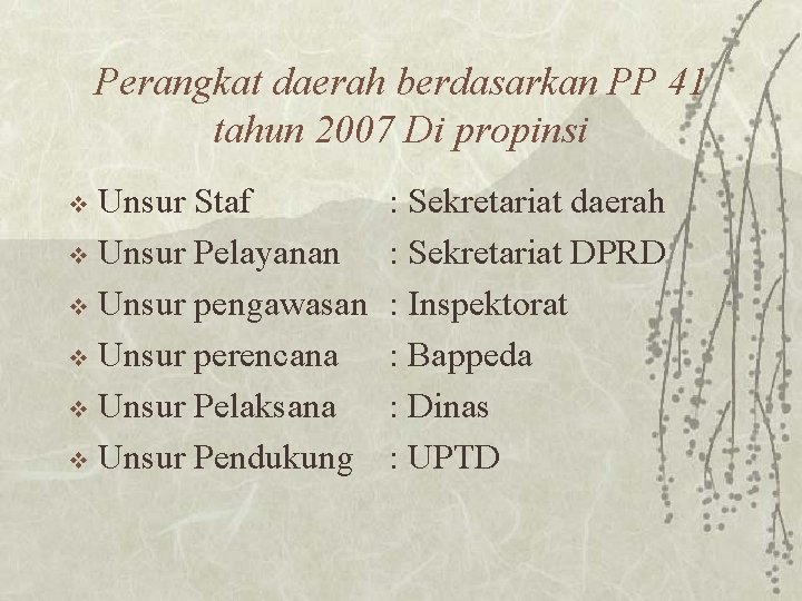 Perangkat daerah berdasarkan PP 41 tahun 2007 Di propinsi Unsur Staf v Unsur Pelayanan