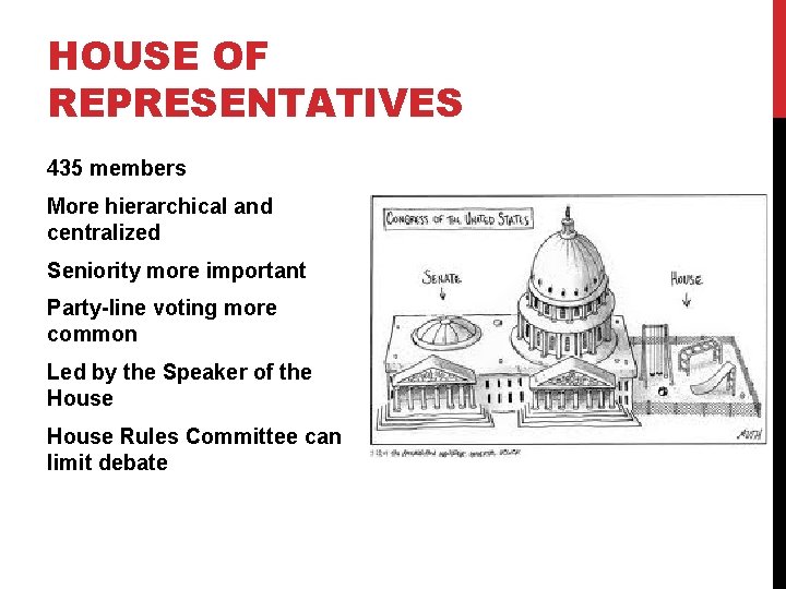 HOUSE OF REPRESENTATIVES 435 members More hierarchical and centralized Seniority more important Party-line voting