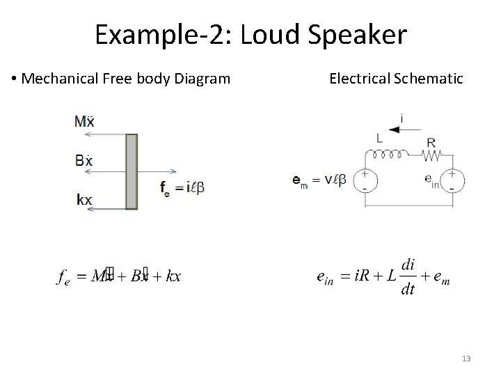 Example-2: Loud Speaker • Mechanical Free body Diagram Electrical Schematic 13 