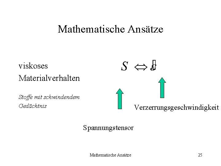 Mathematische Ansätze viskoses Materialverhalten Stoffe mit schwindendem Gedächtnis Verzerrungsgeschwindigkeit Spannungstensor Mathematische Ansätze 25 