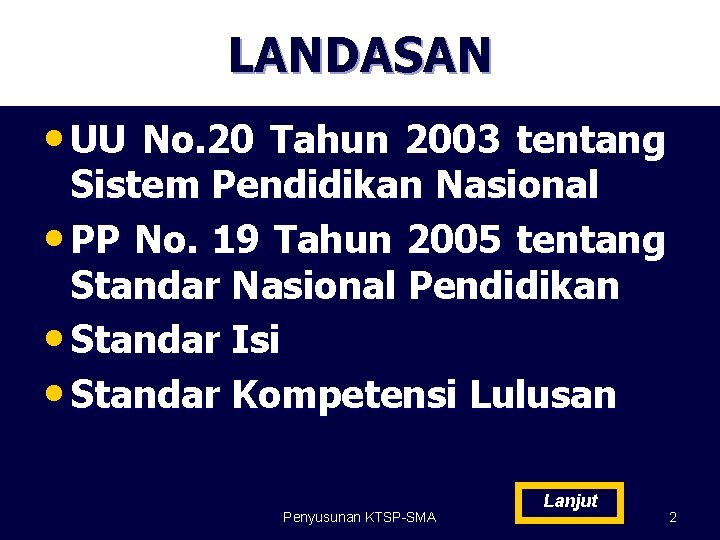 LANDASAN • UU No. 20 Tahun 2003 tentang Sistem Pendidikan Nasional • PP No.