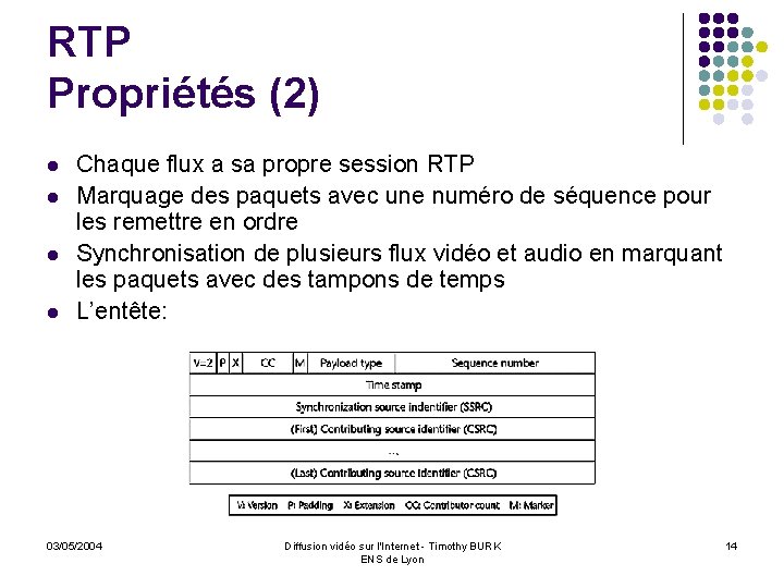 RTP Propriétés (2) l l Chaque flux a sa propre session RTP Marquage des