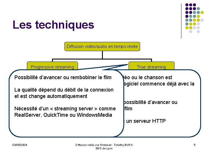 Les techniques Diffusion vidéo/audio en temps réelle Progressive streaming True streaming Possibilité d’avancer ou