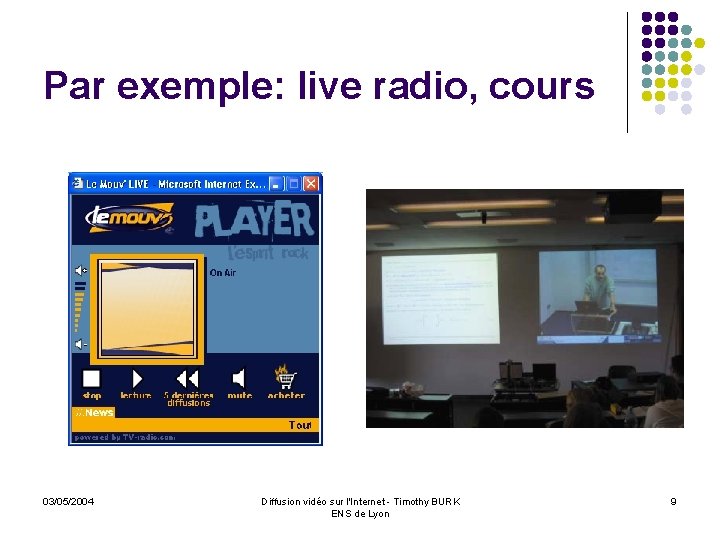 Par exemple: live radio, cours 03/05/2004 Diffusion vidéo sur l'Internet - Timothy BURK ENS