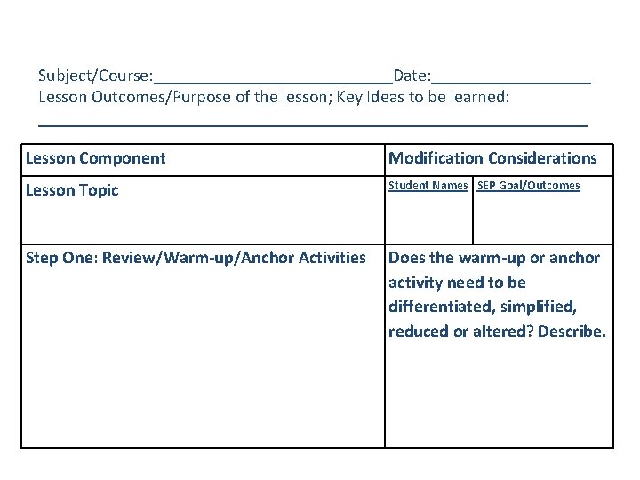 Subject/Course: ______________Date: _________ Lesson Outcomes/Purpose of the lesson; Key Ideas to be learned: _______________________________