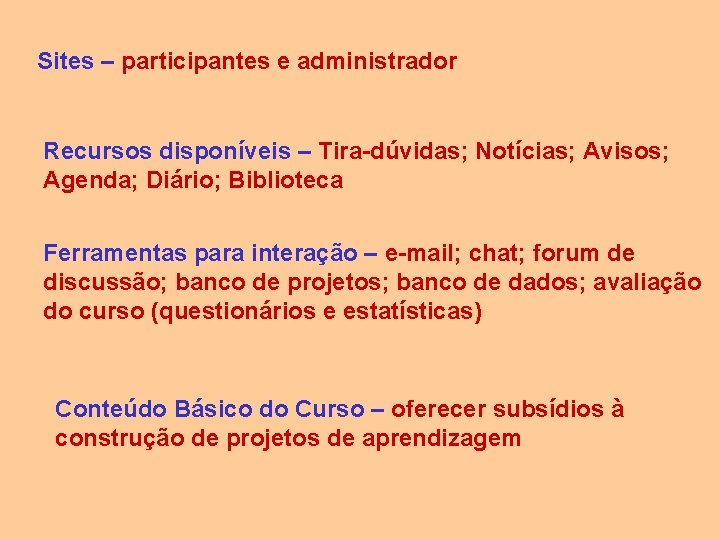 Sites – participantes e administrador Recursos disponíveis – Tira-dúvidas; Notícias; Avisos; Agenda; Diário; Biblioteca