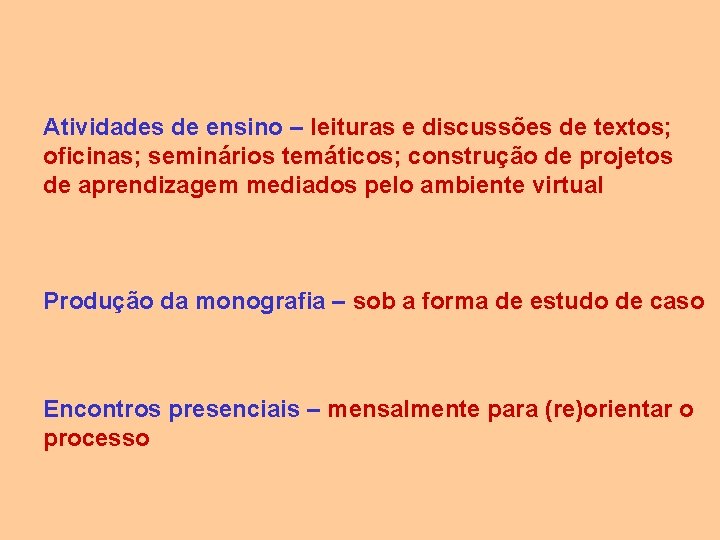 Atividades de ensino – leituras e discussões de textos; oficinas; seminários temáticos; construção de