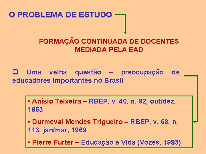 O PROBLEMA DE ESTUDO FORMAÇÃO CONTINUADA DE DOCENTES MEDIADA PELA EAD Uma velha questão