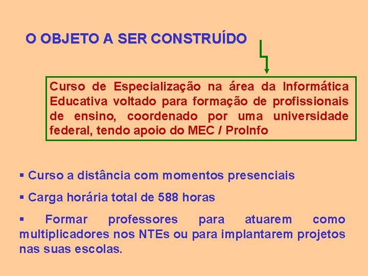 O OBJETO A SER CONSTRUÍDO Curso de Especialização na área da Informática Educativa voltado