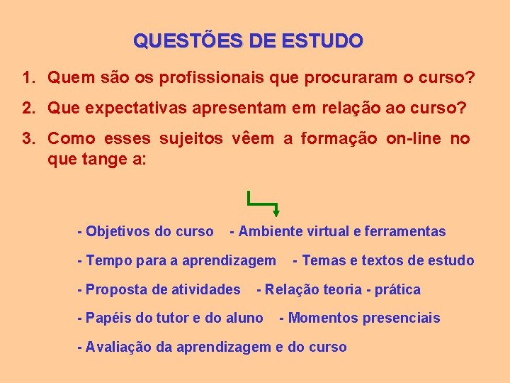 QUESTÕES DE ESTUDO 1. Quem são os profissionais que procuraram o curso? 2. Que