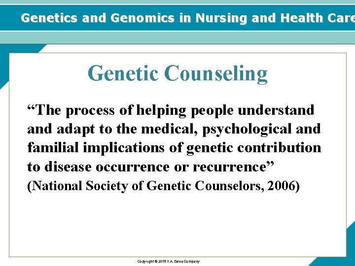 Genetics and Genomics in Nursing and Health Care Genetic Counseling “The process of helping