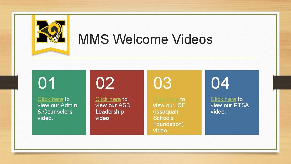 MMS Welcome Videos 01 02 03 04 Click here to view our Admin &