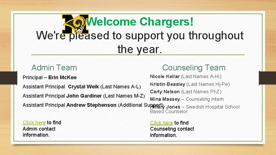 Welcome Chargers! We're pleased to support you throughout the year. Admin Team Counseling Team