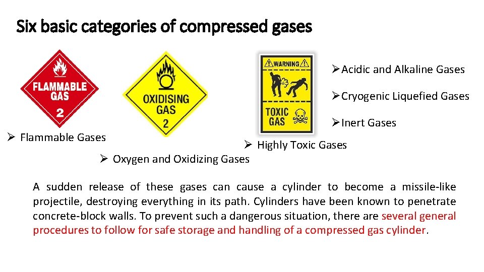 Six basic categories of compressed gases ØAcidic and Alkaline Gases ØCryogenic Liquefied Gases Ø