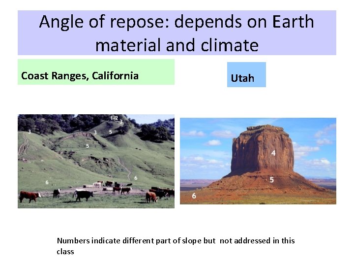 Angle of repose: depends on Earth material and climate Coast Ranges, California Utah Numbers