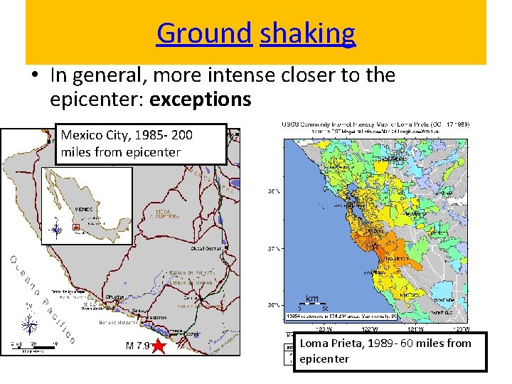 Ground shaking • In general, more intense closer to the epicenter: exceptions Mexico City,